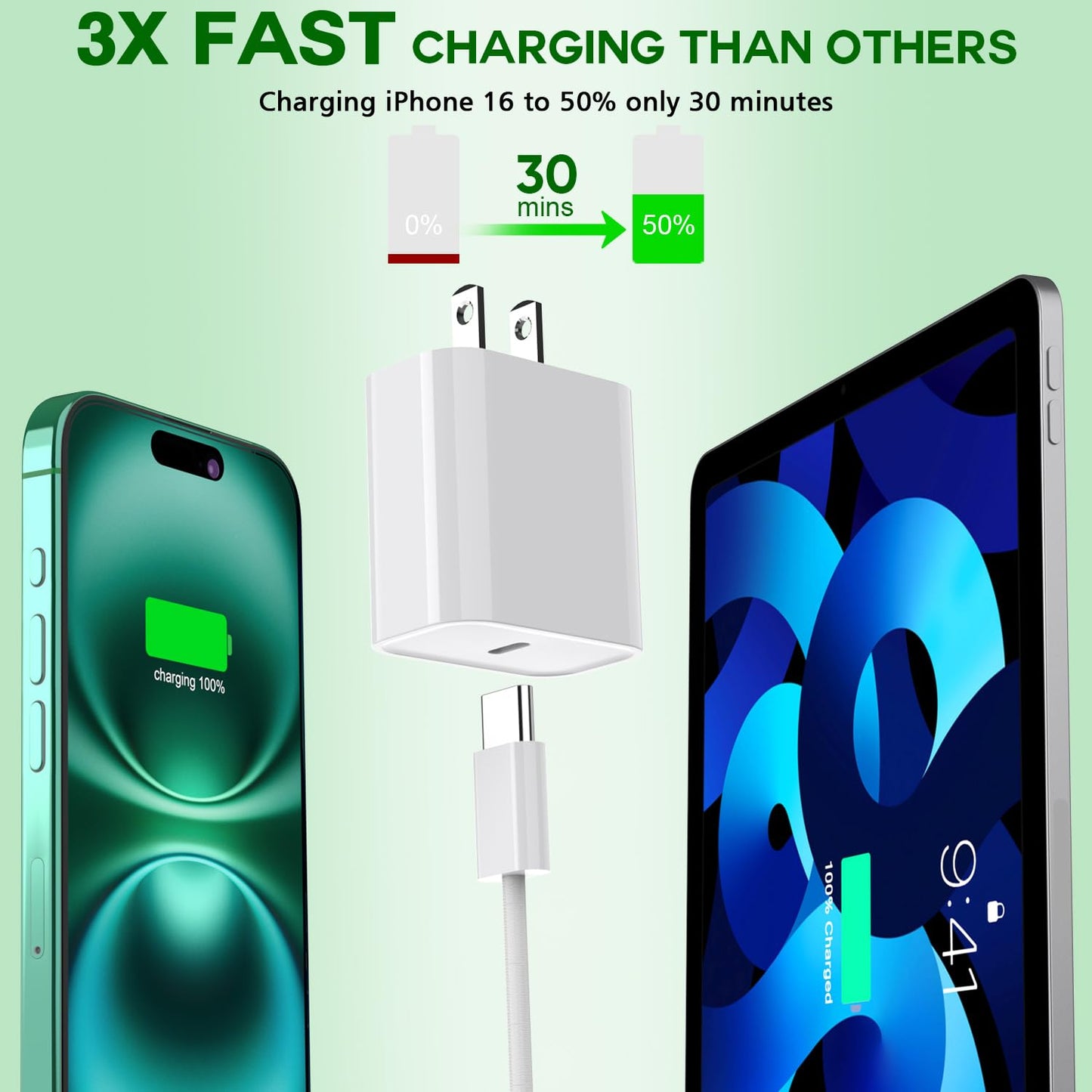 iPhone 16 15 Charger Fast Charging,3Pack 20W USB C Charger Type C Chargers Plug Wall Chargers 10FT USB-C Woven Charge Cable for iPhone 16e/16 Pro Max/16Pro/16 Plus/15 ProMax/iPad Pro/Air/Mini,AirPods