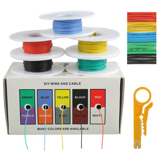 BOJACK 30 AWG Flexible Silicone Wire Electric Wire Hook up Wire Kit 300V Cables with Plus 20 φ2mm Heat Shrink Tubings and a Mini Wire Stripper(5 Colors 32.81Ft Each Color, 30AWG)