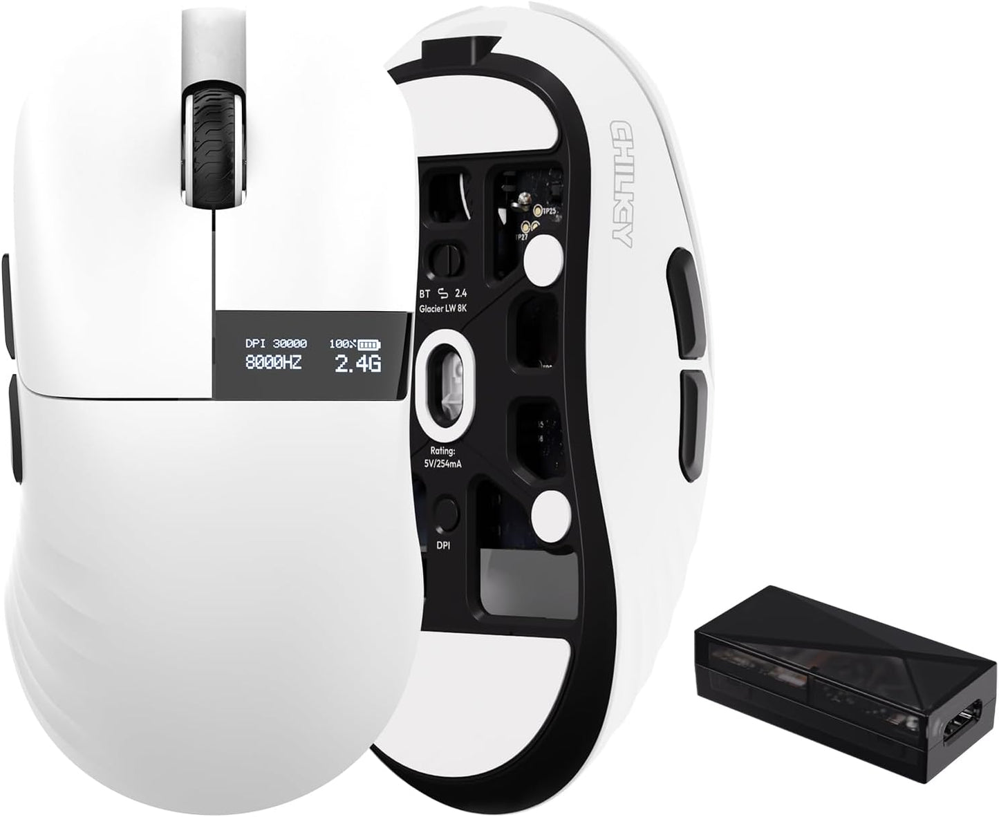 Chilkey Glacier LW 8K M Wireless Gaming Mouse with Screen - 49g Super Lightweight - Dual 8K Polling - Maximum 30000 DPI - Optical Switch - Tri-Mode 2.4G/USB-C/Bluetooth 5.2 - White