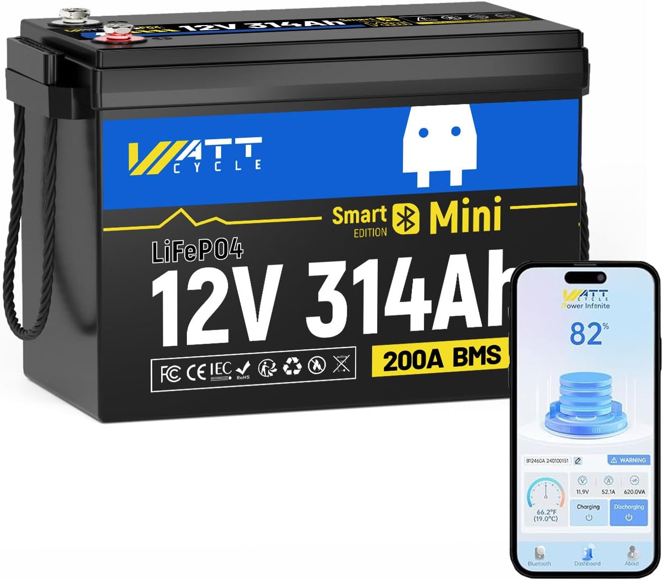 12V 314Ah LiFePO4 Mini Lithium Battery with Bluetooth 5.0, Built-in Metal Frame 200Ah BMS, 4.01kWh Energy, Upgraded Aluminum Cooling Fins, 12v 300ah + Lifepo4 Lithium Batterys