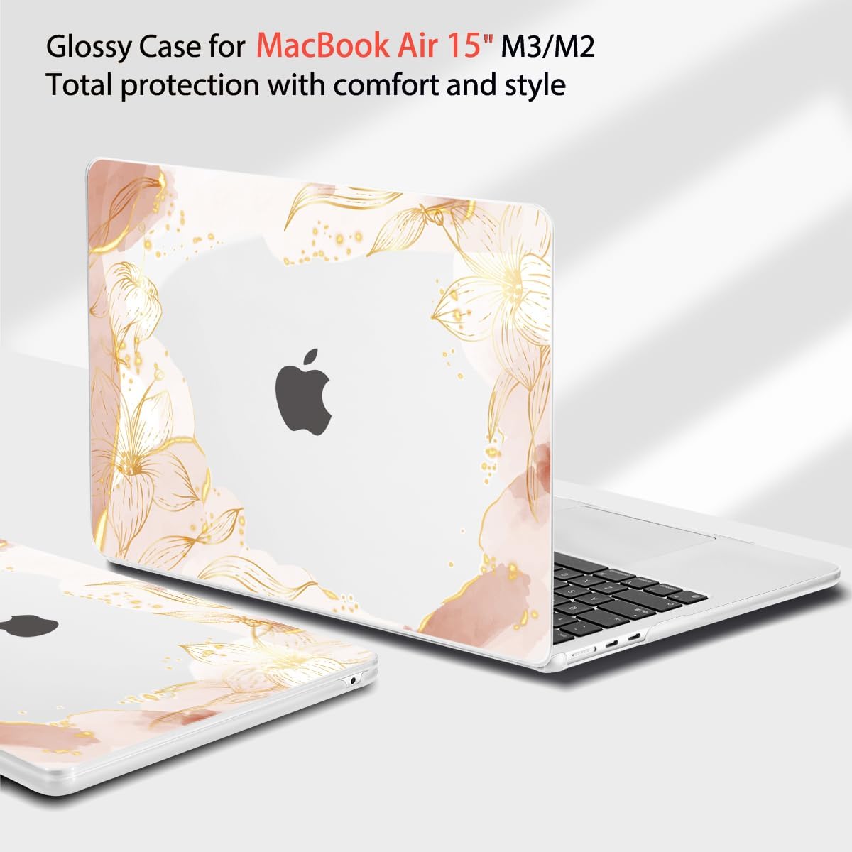 Teryeefi for MacBook Air 15 inch Case M4 M3 M2 Chip 2025 2024 2023 Released Model A3241 A3114 A2941, Designed Hard Shell Cover & Screen Protector & Keyboard Cover- Art Gold Floral Line