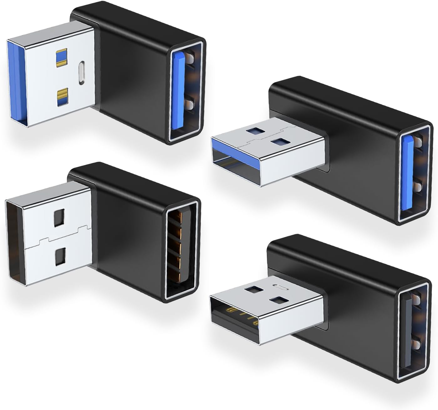 AreMe 90 Degree USB 3.0 Adapter 4 Pack, Up and Down Angle, Left and Right Angle USB A Male to Female Converter Extender for PC, Laptop, USB A Charger, Power Bank and More (Black)