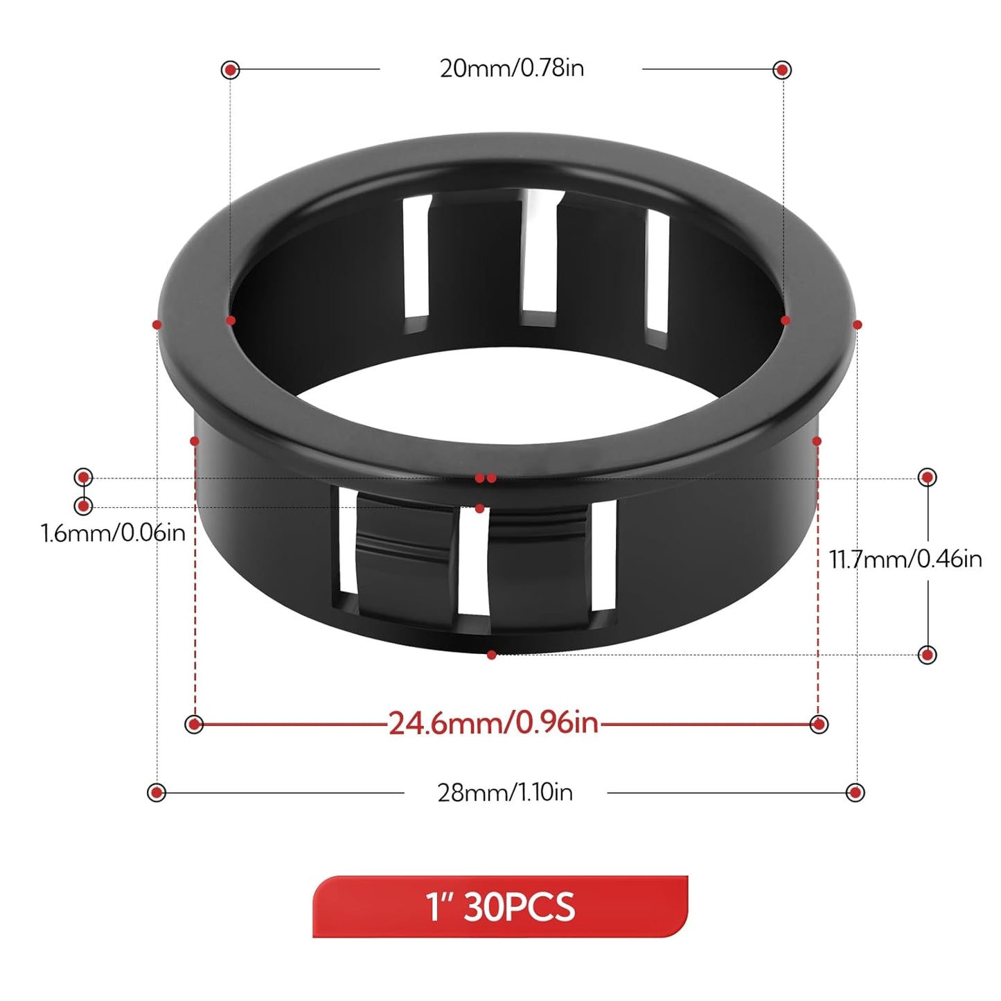 30PCS 1" Black Cable Snap Bushing Grommet, Snap in Cord Bushing Protect Cables