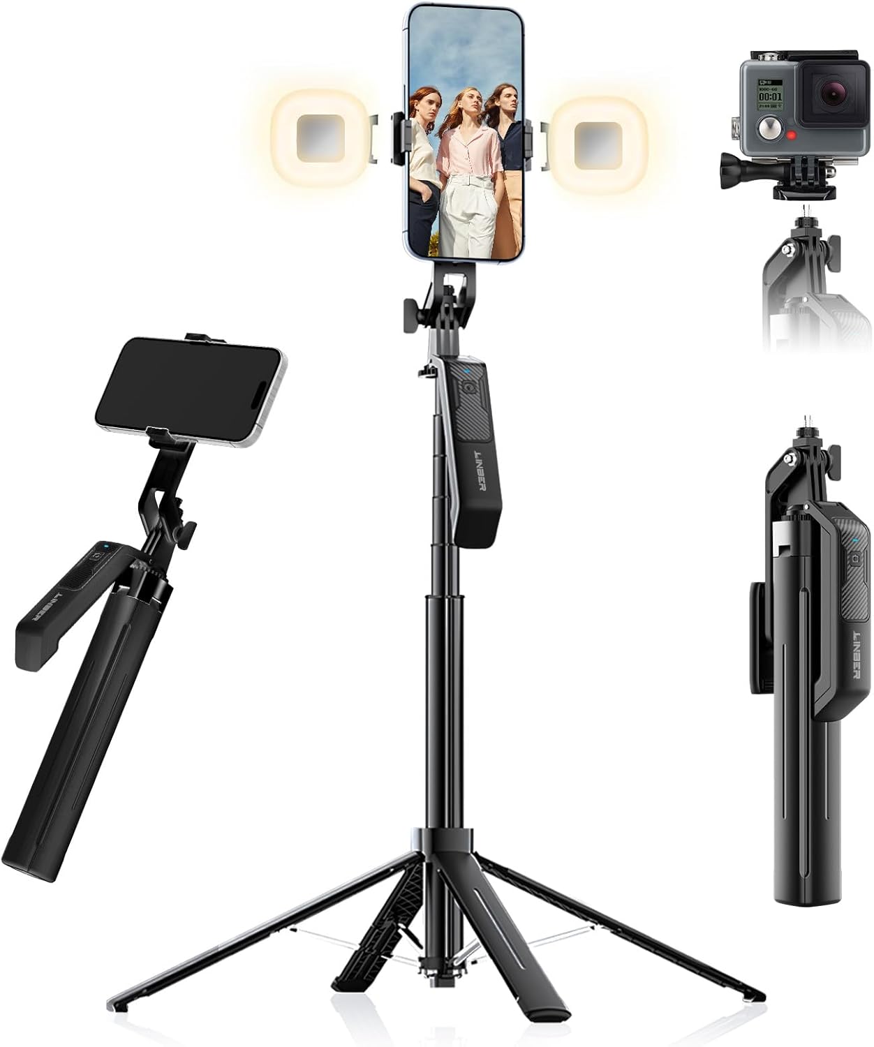 71" Phone Tripod Selfie Stick with Wireless Remote & 2 Fill Lights, Extendable Phone Stick for iPhone, Android, Camera & GoPro, S30 Portable Travel Tripod for Vlogging, Live Streaming(Black)