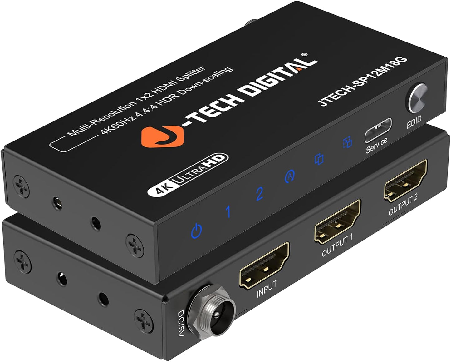 J-Tech Digital HDMI Splitter 1 in 2 Out 4K@60Hz, 1x2 HDMI Splitter for Duplicate/Mirror Screen 4K to 1080P Downscaling Function 3 EDID Settings (JTECH-SP12M18G)