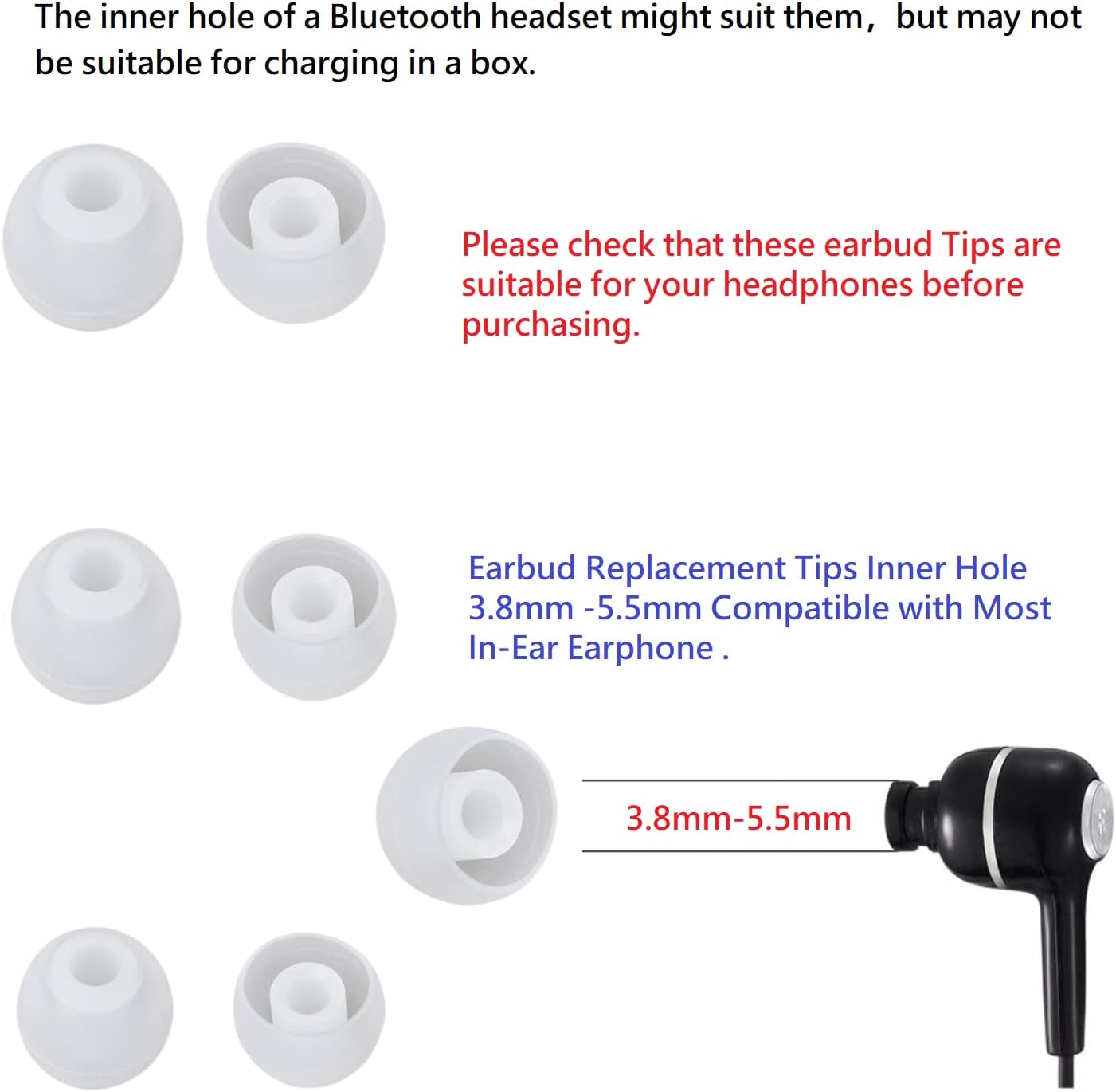 Earbud Replacement Tips Silicone Earbud Tips Earbuds Cushions for Fit Most in-Ear Earbuds(Inner Hole 3.8mm -5.5mm) Headphone Rubber Tips Eartips 18 Pairs S M L