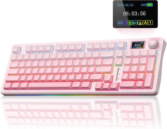 AULA S98 Pro Wireless Mechanical Keyboard with Screen & Knob,2.4GHz/USB-C/BT5.0 Hot Swappable Pink Creamy Keyboard,Pre-lubed Linear Switches,Side Printed PBT Keycaps,RGB Backlit Gaming Keyboards