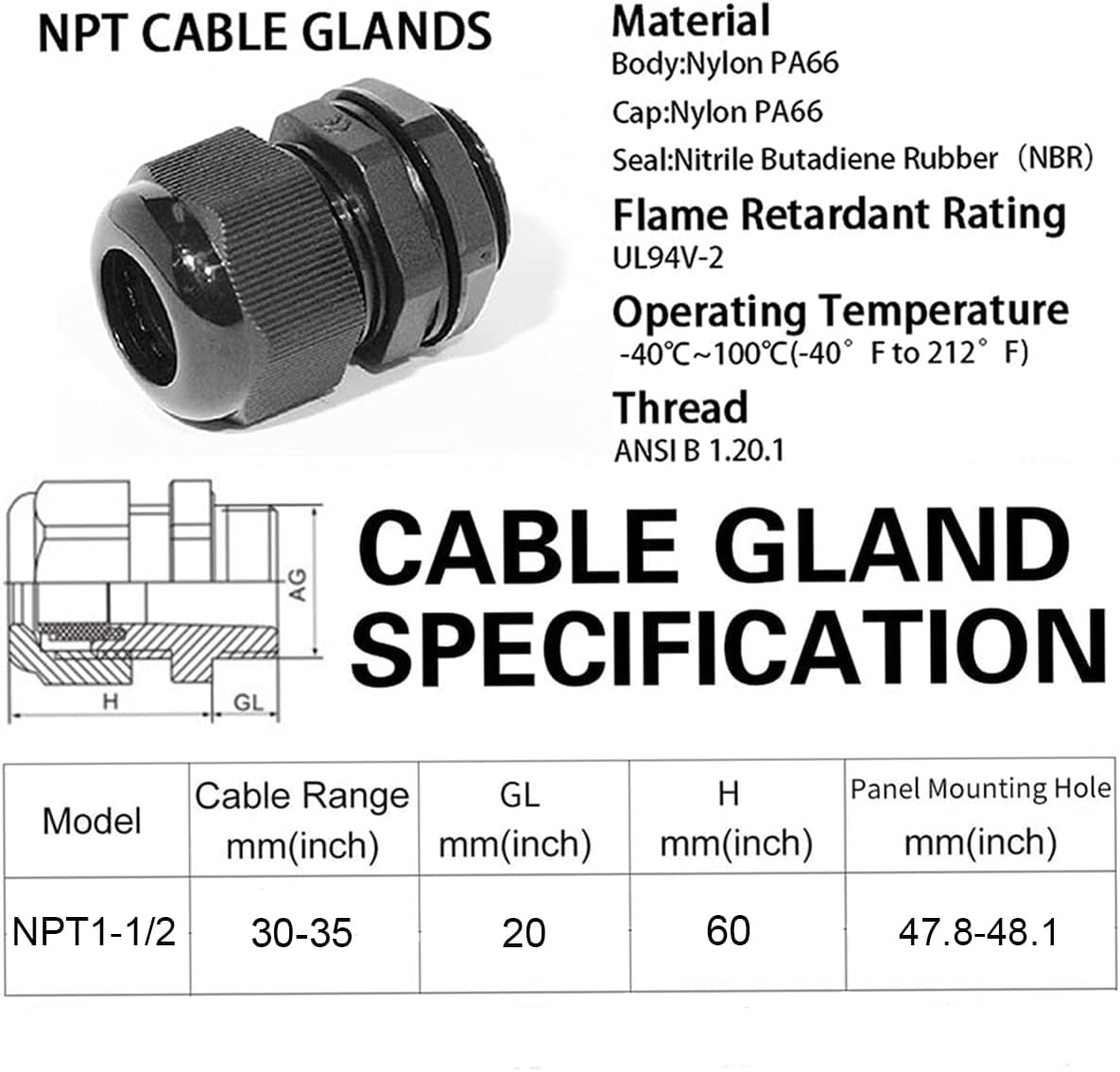 Cable Glands-PENGLIN 1-1/2" NPT Nylon Cable Connector, Strain Relief Cord Connector, IP68 Waterproof Adjustable Locknut(1-1/2 Inch (10-Pack))