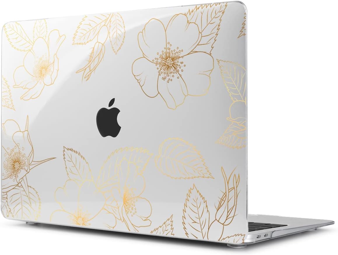 Teryeefi for 2022 2020 MacBook Pro 13 inch Case M2/M1 Chip (Model A2338 A2289 A2251 with Touch Bar), Plastic Hard Shell Case & Keyboard Cover & Screen Protector, Gold Floral Leaf