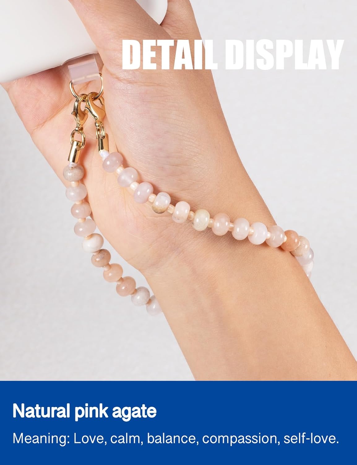 Handmade Natural Gemstone Crystal Beaded Charm Cell Phone Camera Lanyard, Hands-Free Wrist Strap, Phone Chain String, Keychain Decor for Walle (Pink Agate)