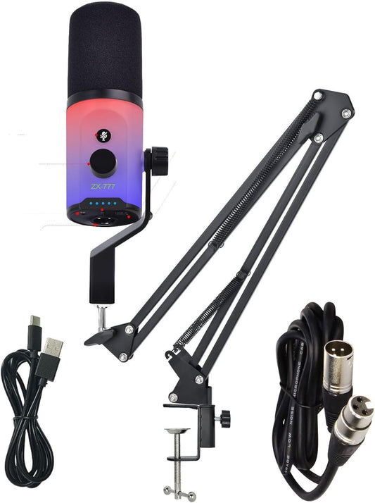 Gaming Microphone for PC, Streaming Mic with RGB Lighting, Mute & Gain Control, Boom Arm, Pop Filter, USB Condenser Gaming Mic for Podcasting, YouTube, Discord, PS4/PS5, Mac, Microfono Profesional (A)