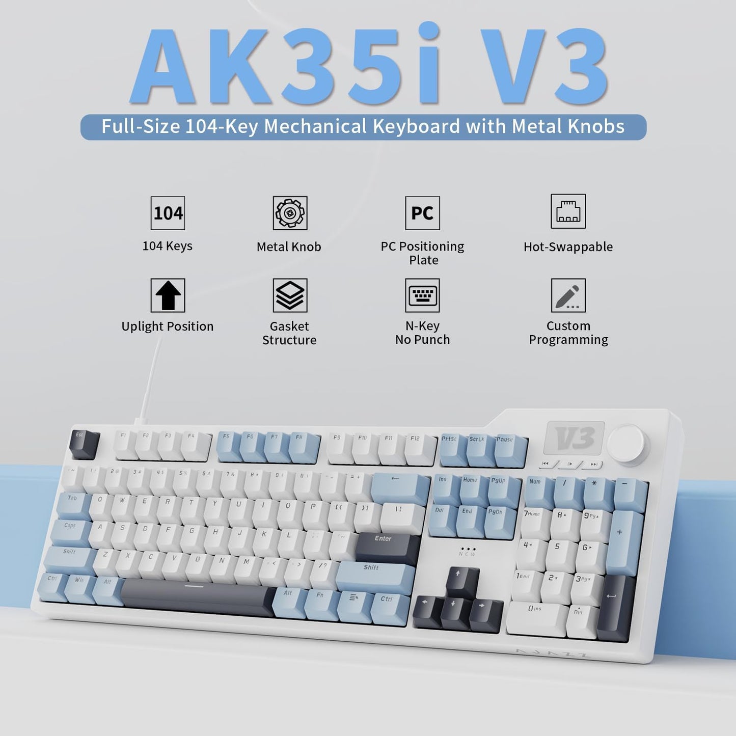 AJAZZ AK35I V3 104-Key Full Size Wired Gasket Mount Gaming Keyboard with Multimedia Buttons & Knob Control | Five Layer Pad | OEM Profile PBT Keycaps | Blue Backlit Custom Keyboard