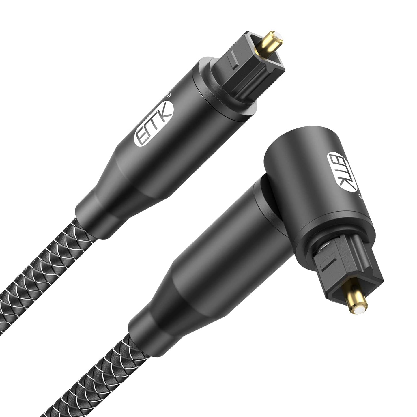 EMK 90 Degree Right Angle Optical Audio Cable [10ft/3M] - 360° Rotatable Digital Toslink SPDIF Cable for Soundbar to TV, Home Theater - Black Fiber Optic Cable with Angled Connector