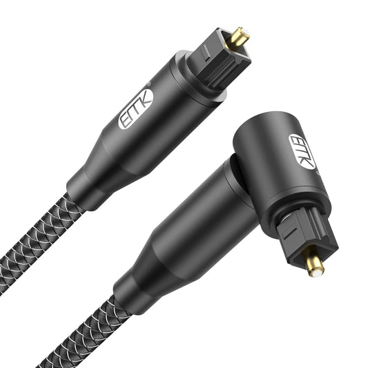 EMK 90 Degree Right Angle Optical Audio Cable [10ft/3M] - 360° Rotatable Digital Toslink SPDIF Cable for Soundbar to TV, Home Theater - Black Fiber Optic Cable with Angled Connector