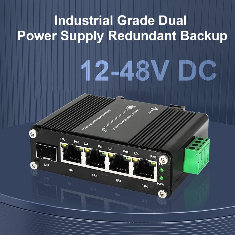 Mini Industrial 4 Port 10/100/1000Mbps Gigabit Ethernet POE + Switch with SFP Port Din Rail/Wall-Mount 4 Port 10/100/1000BASE-T RJ45 + 1 Port 100/1000FX (SFP) Support 12-48V DC