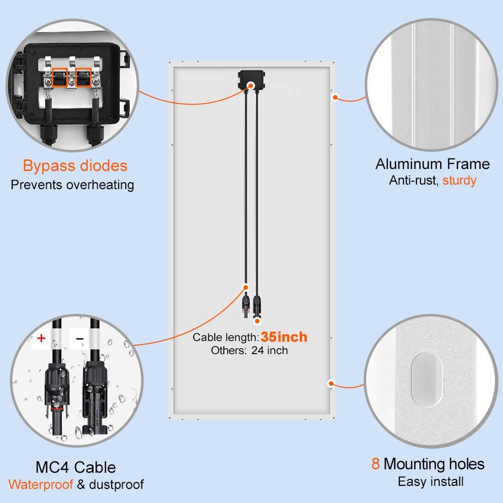 DOKIO 200W Monocrystalline Solar Panel 12V, 12BB Half-Cell High Efficiency Glass Module with Aluminum Frame, MC4 Connector, Pre-Drilled Holes for RV, Boat, Roof, Off-Grid Power