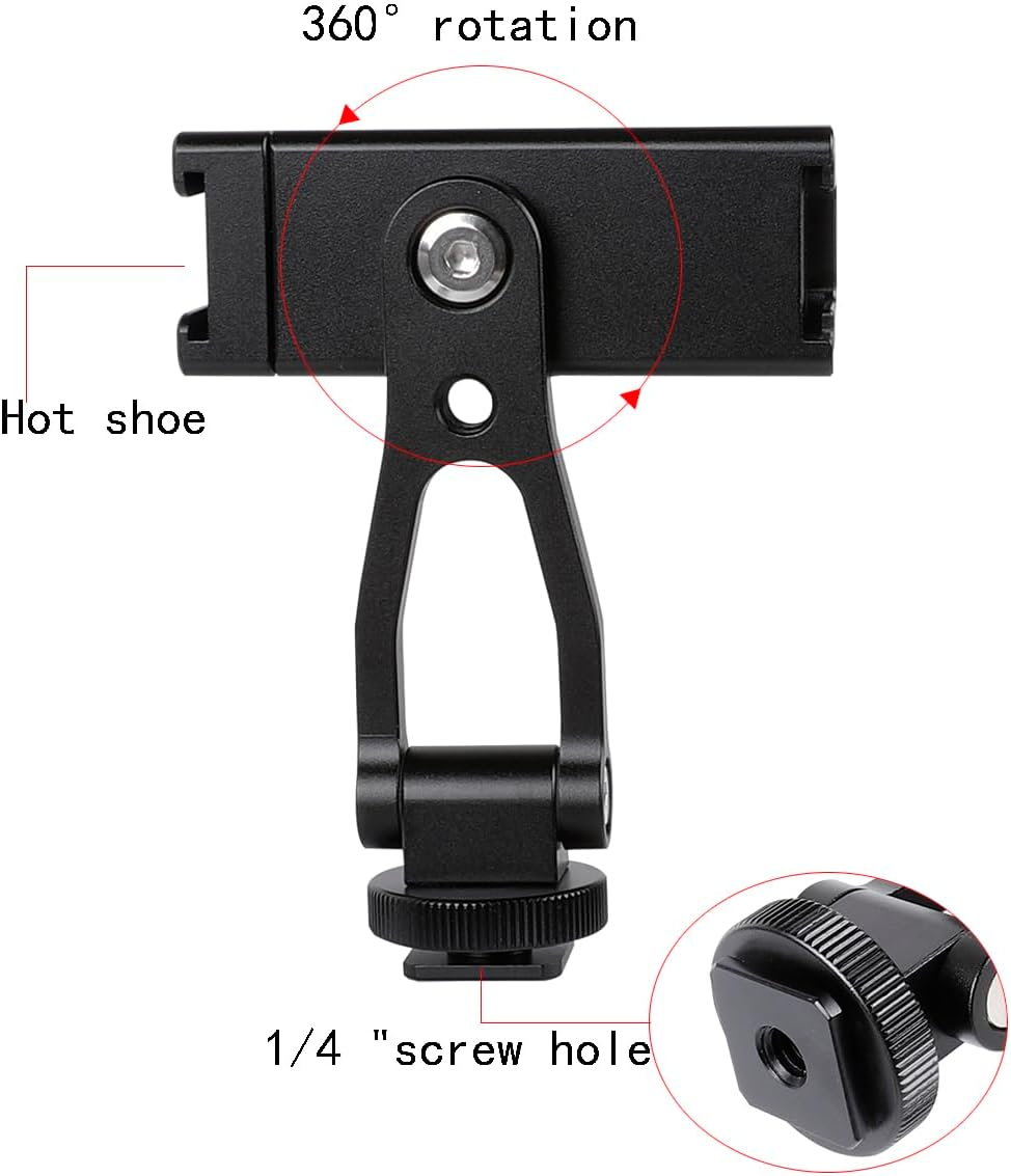 Aluminium Alloy Phone Tripod Mount, Universal Cell Phone Mount Adapter with 2 Cold Shoe Mount for Horizontal and Vertical Shooting, Compatible with iPhone, Pixel, Samsung Galaxy and All Phones