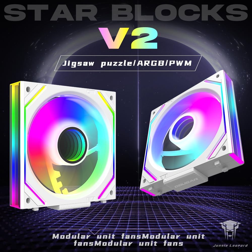 Jungle Leopard Interstellar V2 120mm PC Reverse Blade Case Fan Infinity Mirror Module Daisy-Chain ARGB Fan Triple Pack with Controller Suitable for Computer Case & 360mm AIO Cooler(White-3pack)