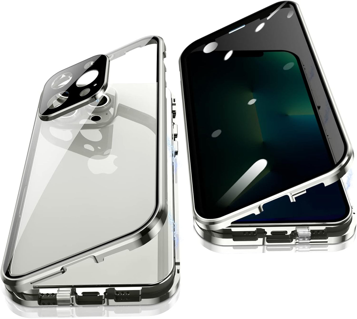 Jonwelsy Anti Peeping Case for iPhone 13 Pro Max, 360 Degree Protection Cover, Privacy Tempered Glass Anti-Spy Case Cover, Magnetic Adsorption Bumper Metal Frame Case for 13 Pro Max (Silver)