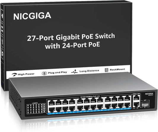 NICGIGA 24-Port Gigabit PoE Switch with 24 PoE+@300W, 2 Gigabit Uplink Ports, 1 SFP, Sturdy Metal for Desktop/Rack Mount, Plug and Play, Unmanaged Power Over Ethernet Switch