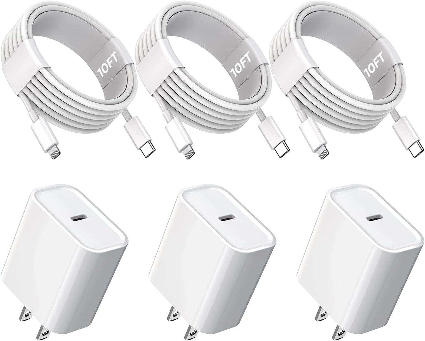 10FT iPhone Fast Charger,3Pack Extra Long[Apple MFi Certified]iPhone Charger Fast Charging Quick 10Foot USB C to Lightning Cable Cord Adapter Block for iPhone 14 Pro Max/14 Plus/13/12Mini/11/XS/X/iPad
