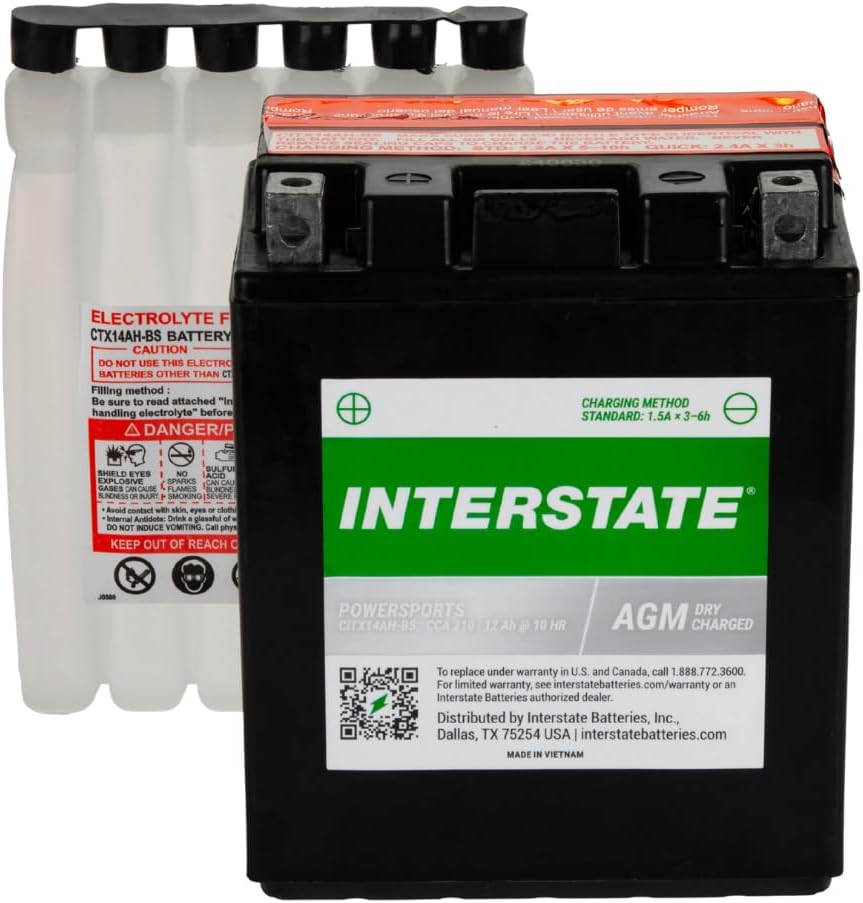Interstate Batteries YTX14AH-BS 12V 12Ah Powersports Battery 210CCA High-Performance AGM Rechargeable Replacement for Kawasaki, Polaris, Yamaha ATVs, UTVs, Snowmobiles, Motorcycles (CITX14AH-BS)