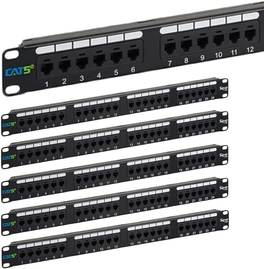 ICC CAT5e Patch Panel, UL Listed & PoE++ Rated Gigabit Applications, Rackmount 24 Port 1U 19-Inch Network Patch Panel with Rear 110 IDC Terminal Blocks for Gigabit Network Switch, Black, Pack of 6