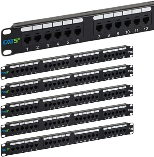 ICC CAT5e Patch Panel, UL Listed & PoE++ Rated Gigabit Applications, Rackmount 24 Port 1U 19-Inch Network Patch Panel with Rear 110 IDC Terminal Blocks for Gigabit Network Switch, Black, Pack of 6