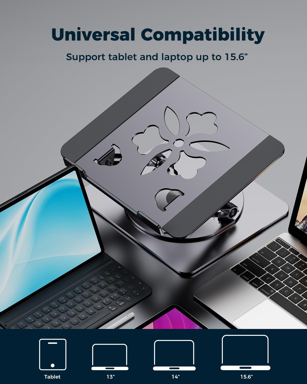 Adjustable Laptop Stand for Desk - Portable Laptop Riser with Rotating Base, Foldable Aluminum Computer Stand, Ergonomic Laptop Holder for MacBook Pro/Air Dell HP Lenovo Notebook up to 15.6", Gray