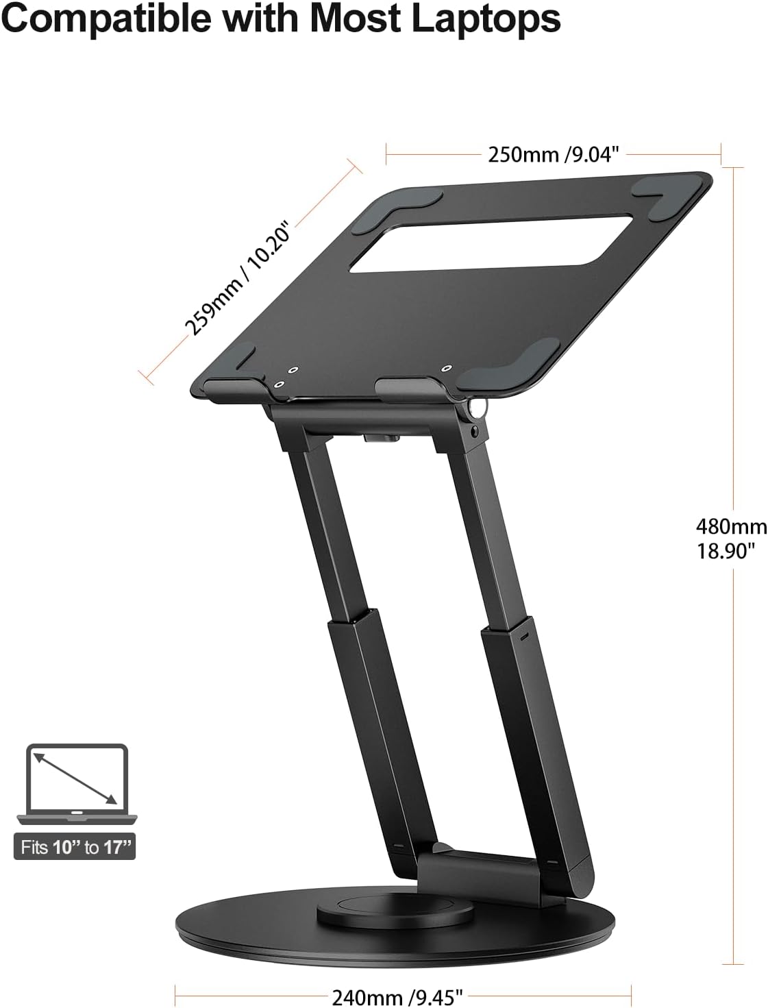 tounee Telescopic Laptop Stand for Desk with 360° Swivel Base, Sit to Stand, Height Adjustable, Portable Riser Holder for Good Posture, Compatible with MacBook Pro, All Laptops 10-17" - Black