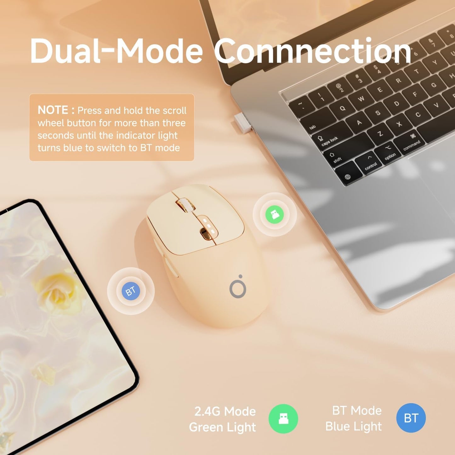 EWEADN Q5 Wireless Mouse, Bluetooth & 2.4G Quiet Computer Mouses with 1600 DPI, Battery Level Display, Ergonomic Office Mouse,6 Button Portable Cute Cordless Mice for Laptop/PC/Mac- Pink