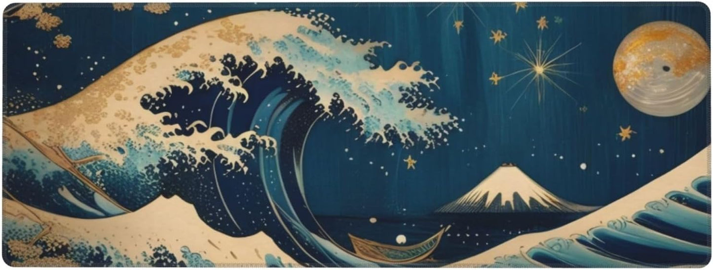 Gaming Mouse Pad, Large Non-Slip Rubber Base Mousepad, Keyboard Mouse Mat, Desk Pad with Stitched Edges, 31.5x11.8inch, Wave Moon