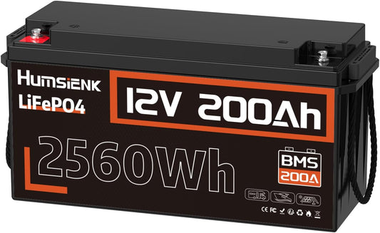 12V 200Ah LiFePO4 Lithium Battery, Built-in 200A BMS, Rechargeable Deep Cycles Batterys, 2560Wh Lithium Battery for Off-Grid and Home Solar System, Marine, Trailer, RV