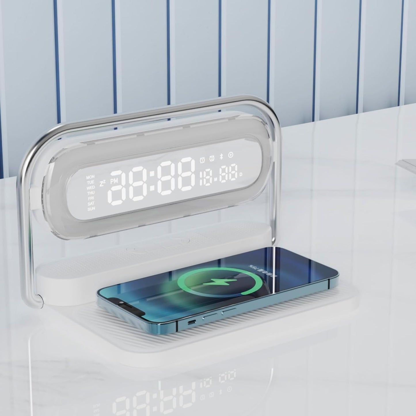 4-in-1 Multifunction Mobile Wireless Charger with Colorful Night Lights, Bluetooth Speaker, Digital Clock Alarm ; M11