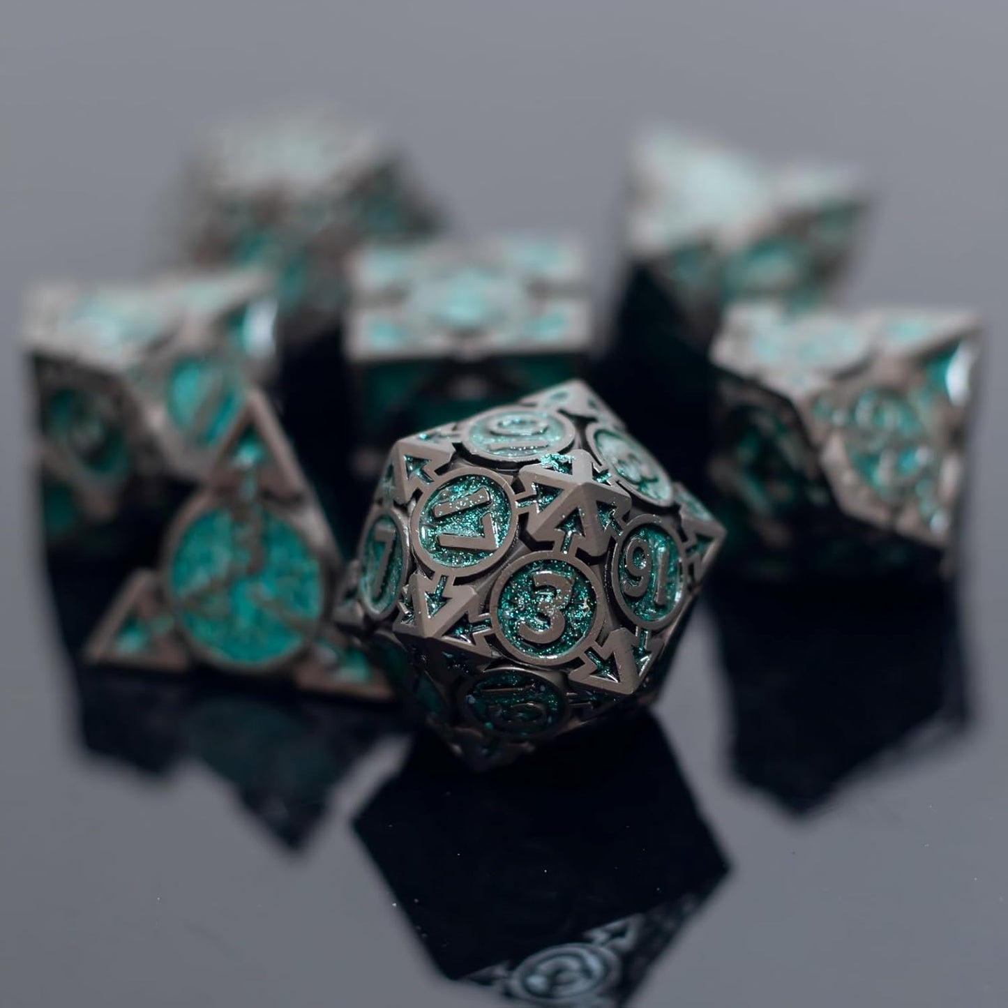 Green Black Nickel Finish Heavy Metal DND Dice Set (Ranger) with A Metal Box, Sharp Edge Zinc Alloy D&D Accessories, D4-D20, Designed for Dungeons & Dragons Master, RPG Player, Starter