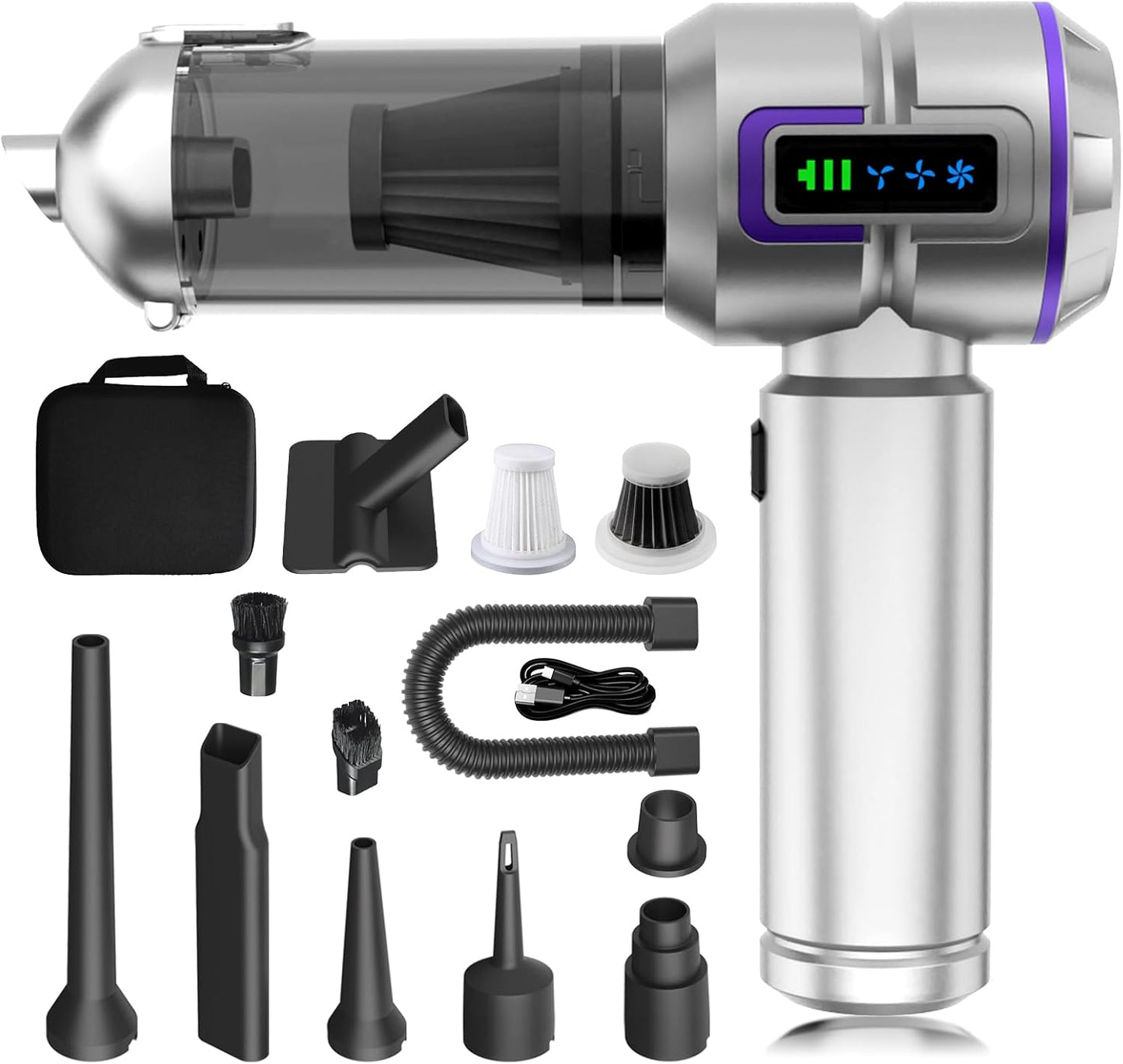 Car Vacuum Cleaner, 22000PA High Power Portable Handheld Car Vacuum & Air Duster, Mini Cordless Vacuum with LED Display, for Home, Office, Camping (Silver Purple)