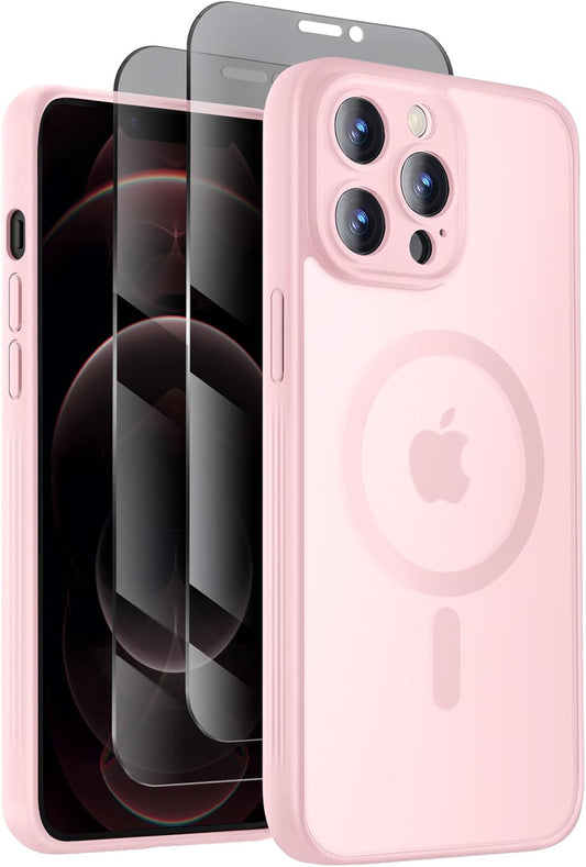 Designed for iPhone 12 Pro Max Case, Compatible with MagSafe, with Privacy Screen Protectors X2, [Camera Protection] [15FT Military Drop Protection] Shockproof Phone Case, 6.7", Pink