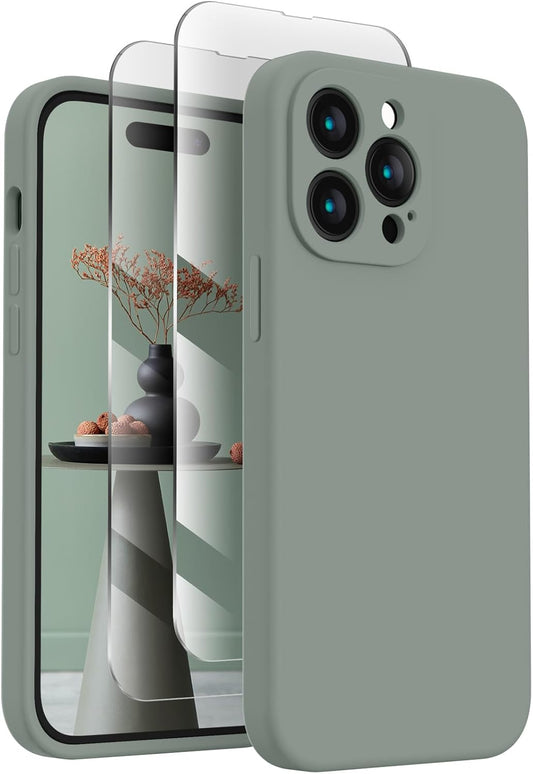 FireNova for iPhone 14 Pro Case, Silicone Upgraded [Camera Protection] Phone Case with [2 Screen Protectors], Soft Anti-Scratch Microfiber Lining Inside, 6.1 inch, Calke Green