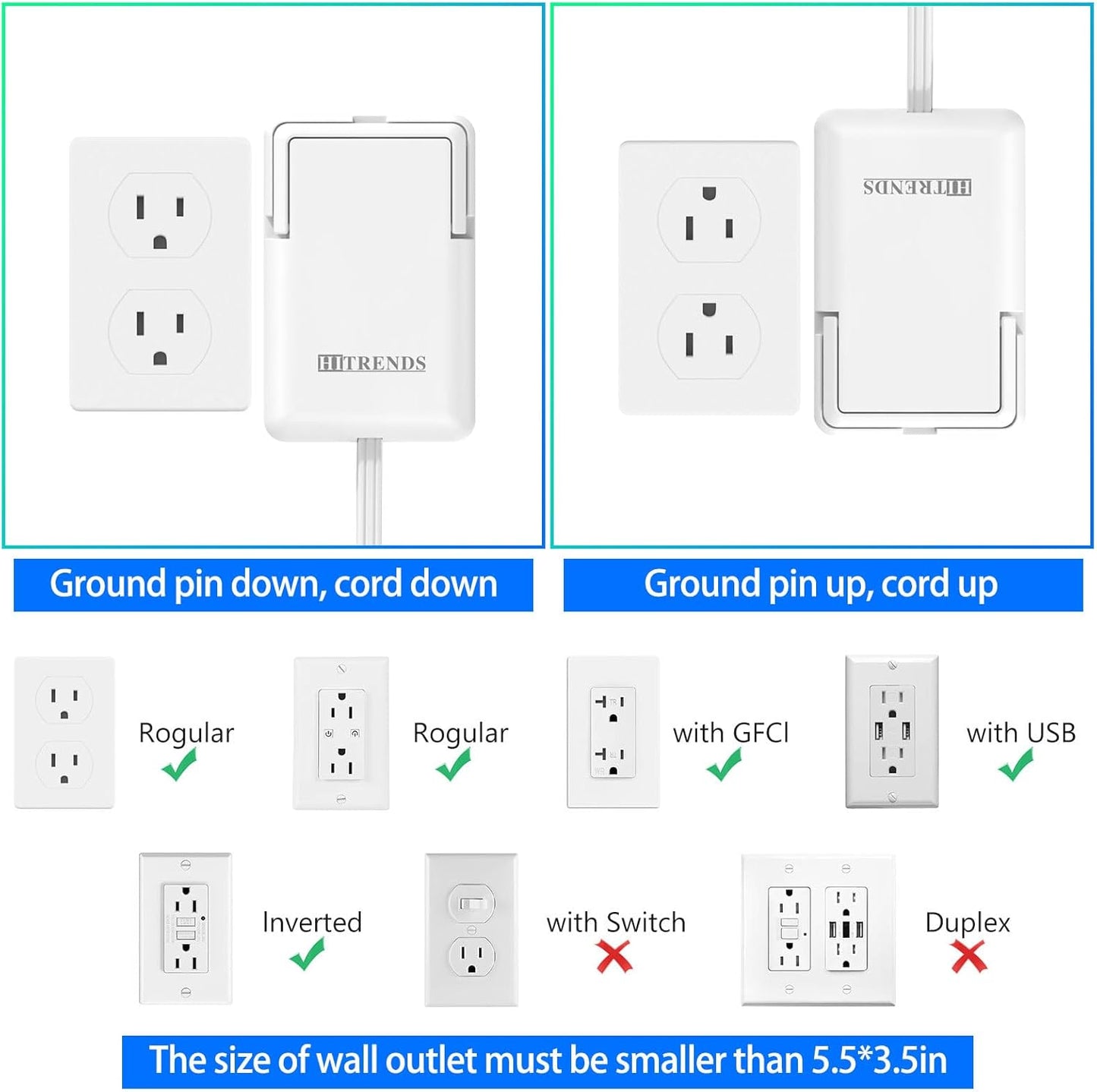 6FT Ultra Flat Plug Dual Extension Cord with 6 Outlets, Ultra-Thin Outlet Cover Power Bar, Outlet Concealer Universal Size Flat Plug Power Strip, Child & Pet Safe, 1625W, White