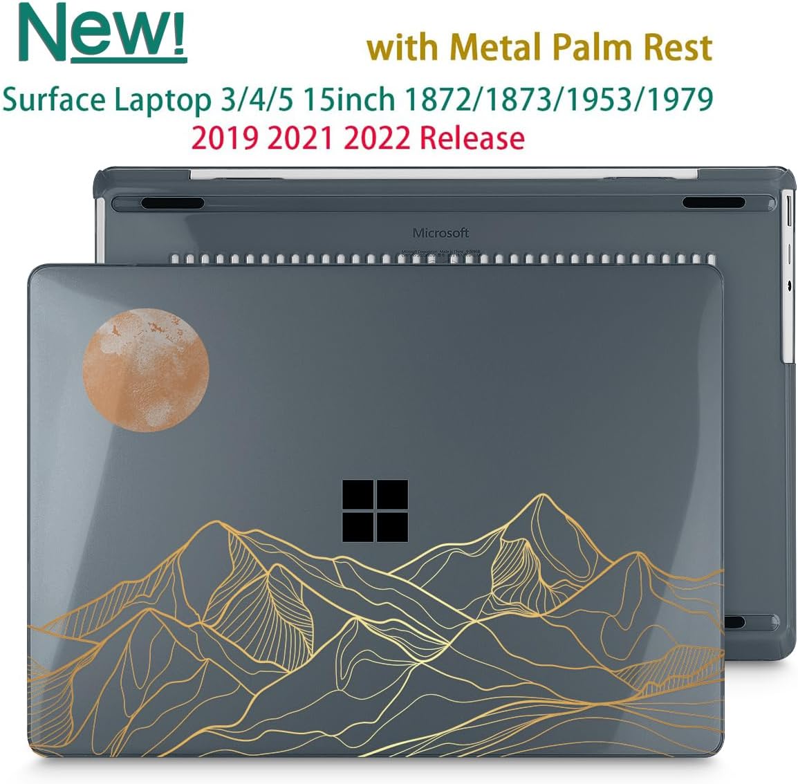 Tuiklol Case for 15 Inch Microsoft Surface Laptop 5/4/3 2022-2020, Model 1979/1953/1872/1873 Hard Shell Cover, Keyboard Cover+Screen Protector+Dust Plugs,Moon and Mountain
