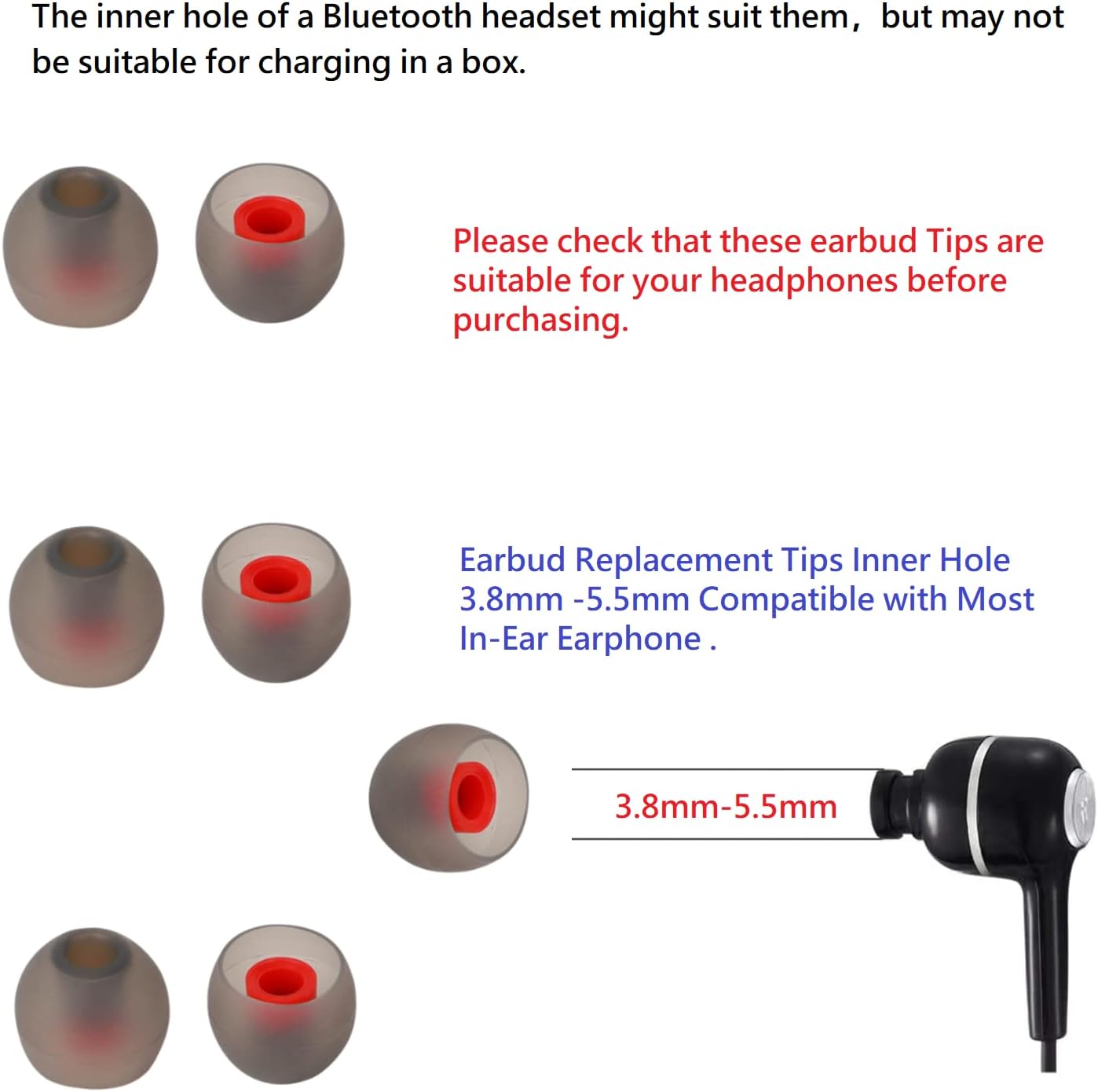 36 Pieces Small Earbud Tips Soft and Comfortable Ear Bud Replacement Pieces Silicone Fit Most in-Ear Headphones，Inner Hole 3.8mm -5.5mm，Small Black and Red Replacement Eartips
