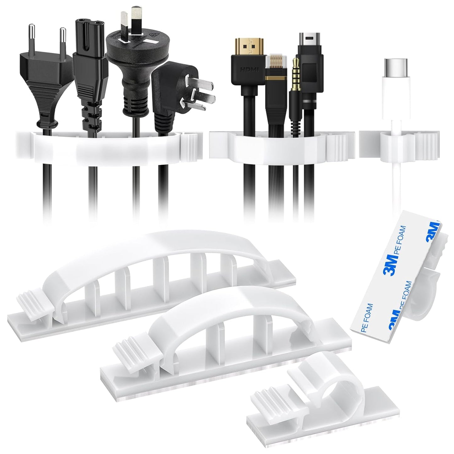 XHF 30pcs Adhesive Cable Wire Clips Kit White, Outdoor Cable Management Wire Organizer Cord Holder for Under Desk, Car, Wall, TV PC Ethernet Cable