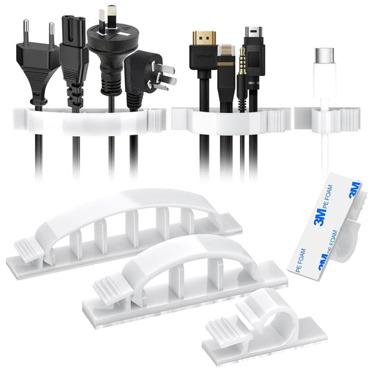 XHF 30pcs Adhesive Cable Wire Clips Kit White, Outdoor Cable Management Wire Organizer Cord Holder for Under Desk, Car, Wall, TV PC Ethernet Cable