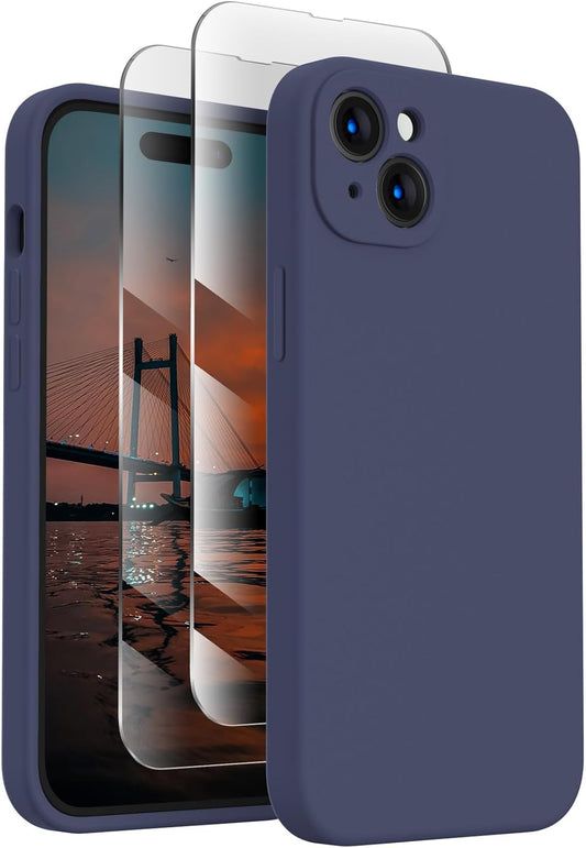 FireNova Designed for iPhone 15 Plus Case, Silicone [Camera Protection] Case with [2 Screen Protectors], Soft Anti-Scratch Microfiber Lining Inside, 6.7 inch, Navy Blue