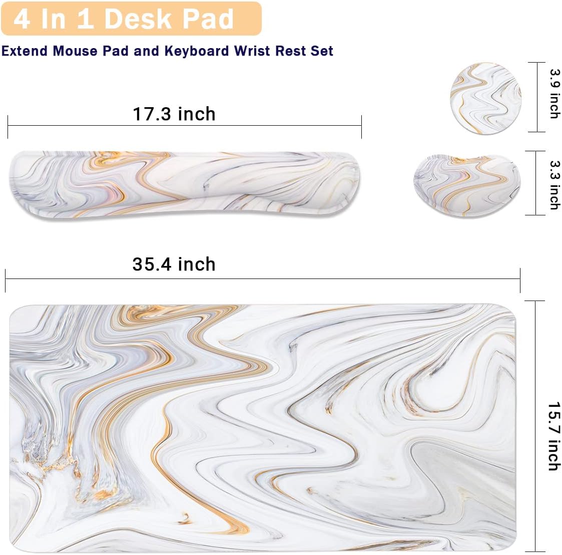 4-in-1 Large Gaming Mouse Pad, Keyboard Wrist Rest Pad & Wrist Support Mousepad Set, Extended Desk Pad Waterproof Desk Mat for Home Office Study Game - White Marble
