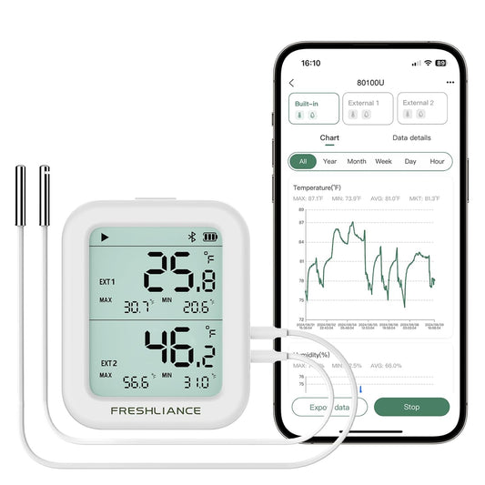 Freshliance Temperature Humidity Data Logger Recorder Bluetooth with 2pcs External Probe, Digital Refrigerator Thermometer Hygrometer, Remote Data Recording Analysis Alarm by Smart APP,BlueTag TH30R-I