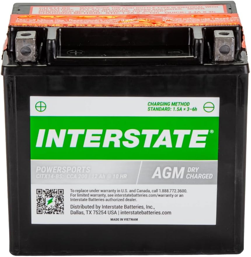 Interstate Batteries YTX14-BS 12V 12Ah Powersports Battery 200CCA AGM Rechargeable Replacement for Motorcycles, ATVs, UTVs, Scooters, Snowmobiles (CITX14-BS)