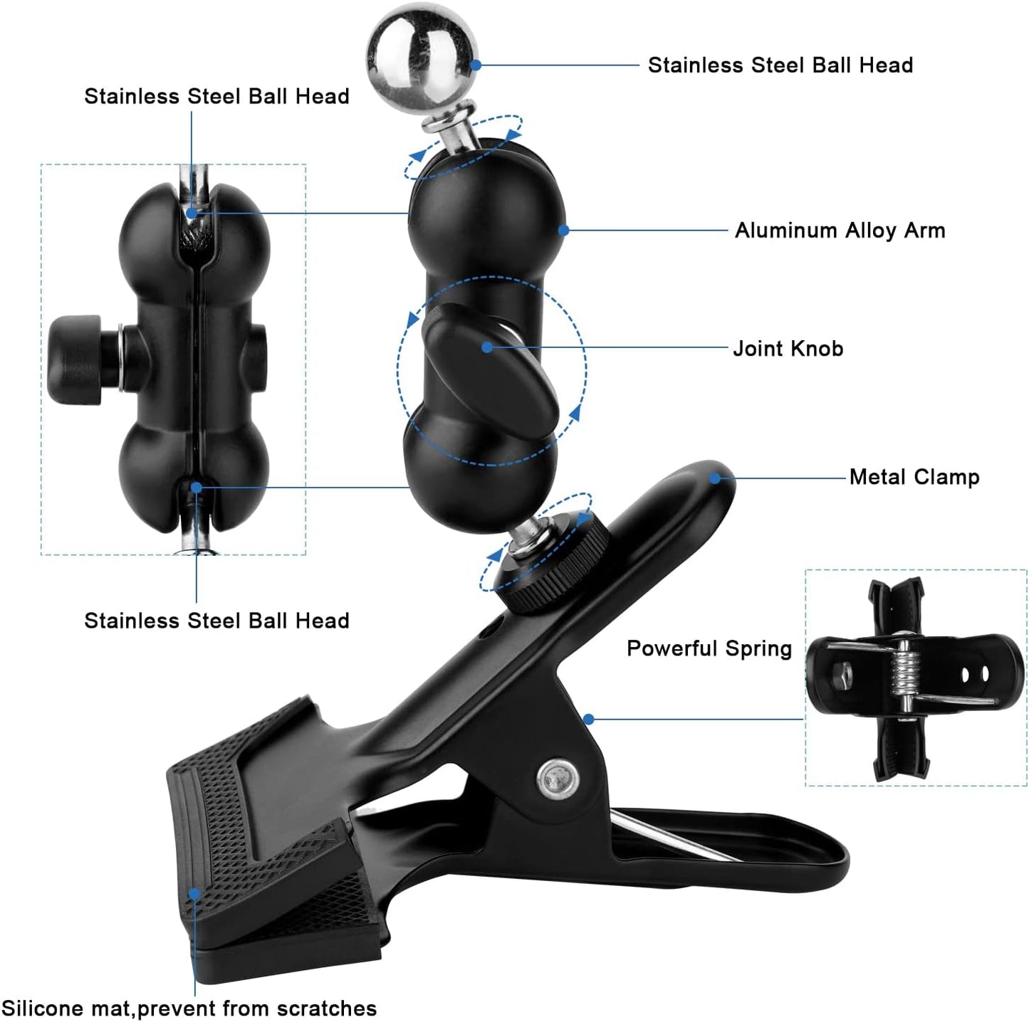 Clamp Phone Stand Holder for Desk/Table/Glass/Baffle/Easel/Guitar Head,360°Adjustable Aluminium Alloy Arm Metal Phone Mount,Compatible with iPhone/Nexus/HTC/LG/Huawei/Smart Phones