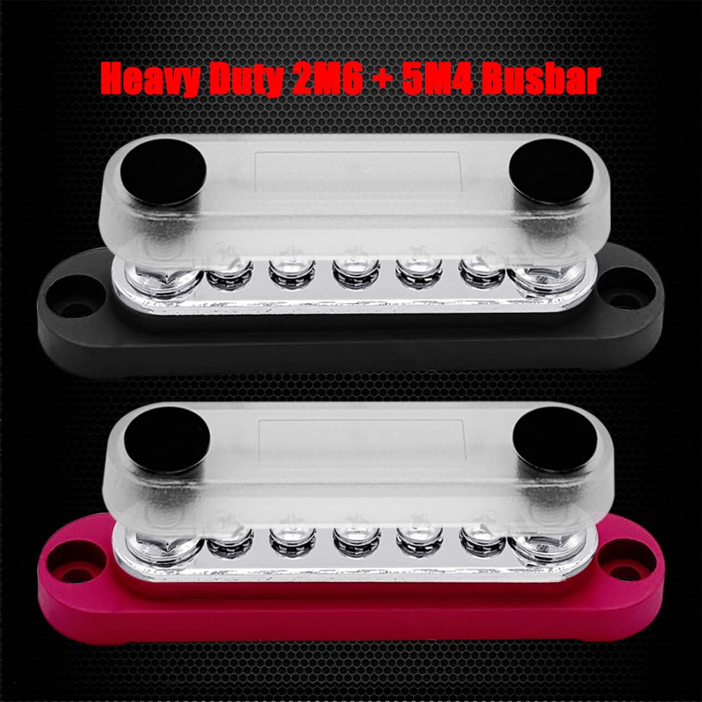 2 x M6 (1/4") Power Distribution Block Bus Bar 12V with 5 x M4 (#8) Screws, Ampper 4.3" 150A Marine BusBar Battery Distribution Block W/Cover for Car Boat Solar (Red & Black)