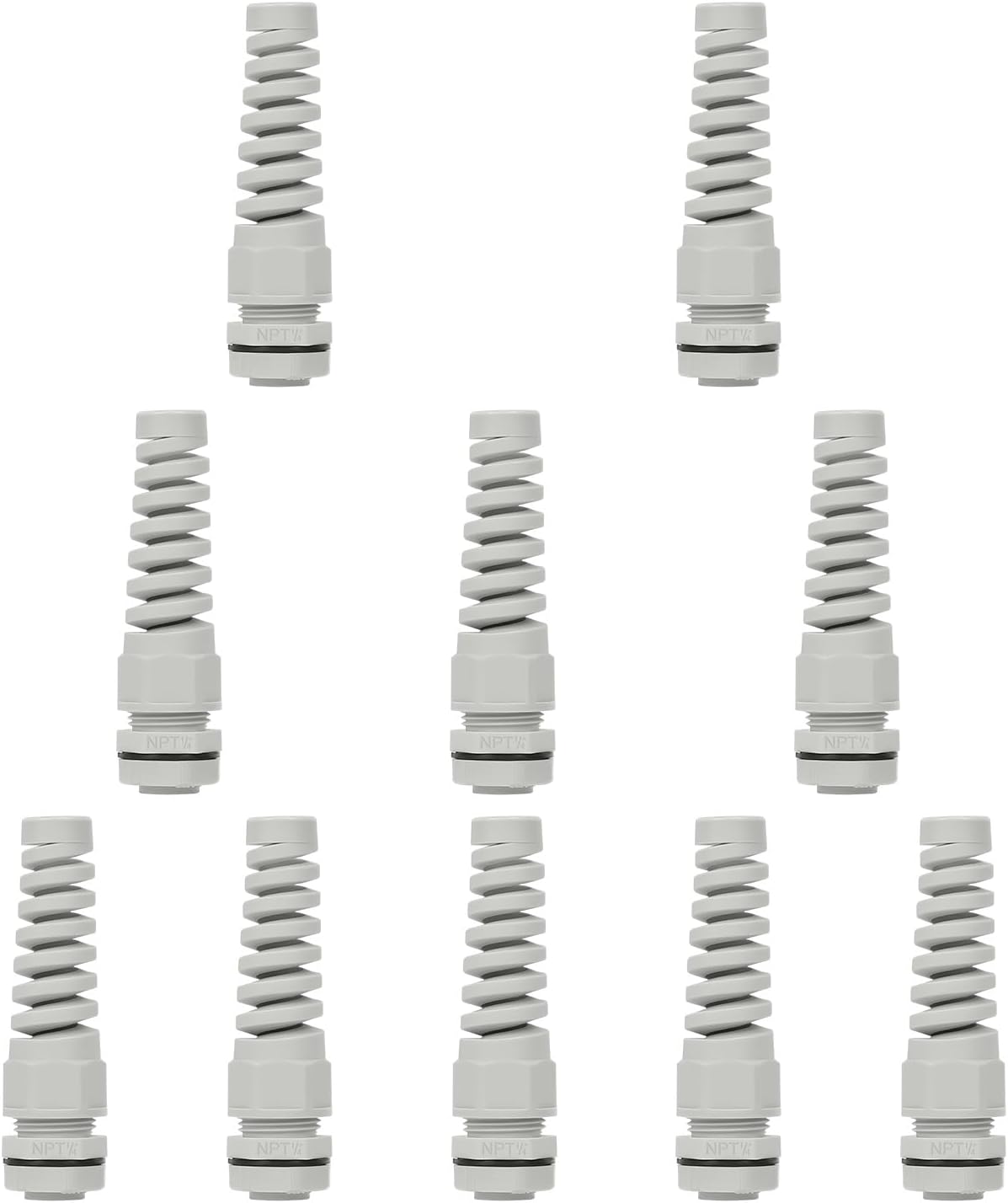 LeMotech 10Pcs NPT 1/4" IP68 Waterproof Cable Gland Flex Spiral Strain Relief Grey Nylon Joint with Gaskets for 4-8mm Wire Thread